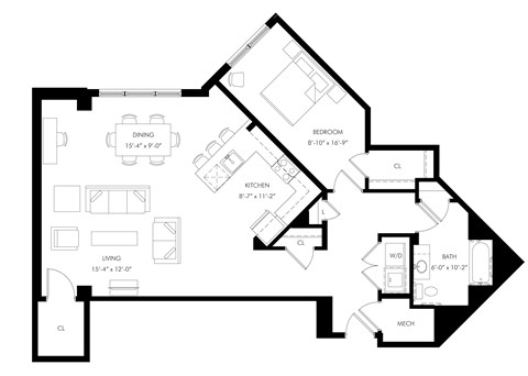 Floor plan for 1 bed, 1 bath, 1090 sqft